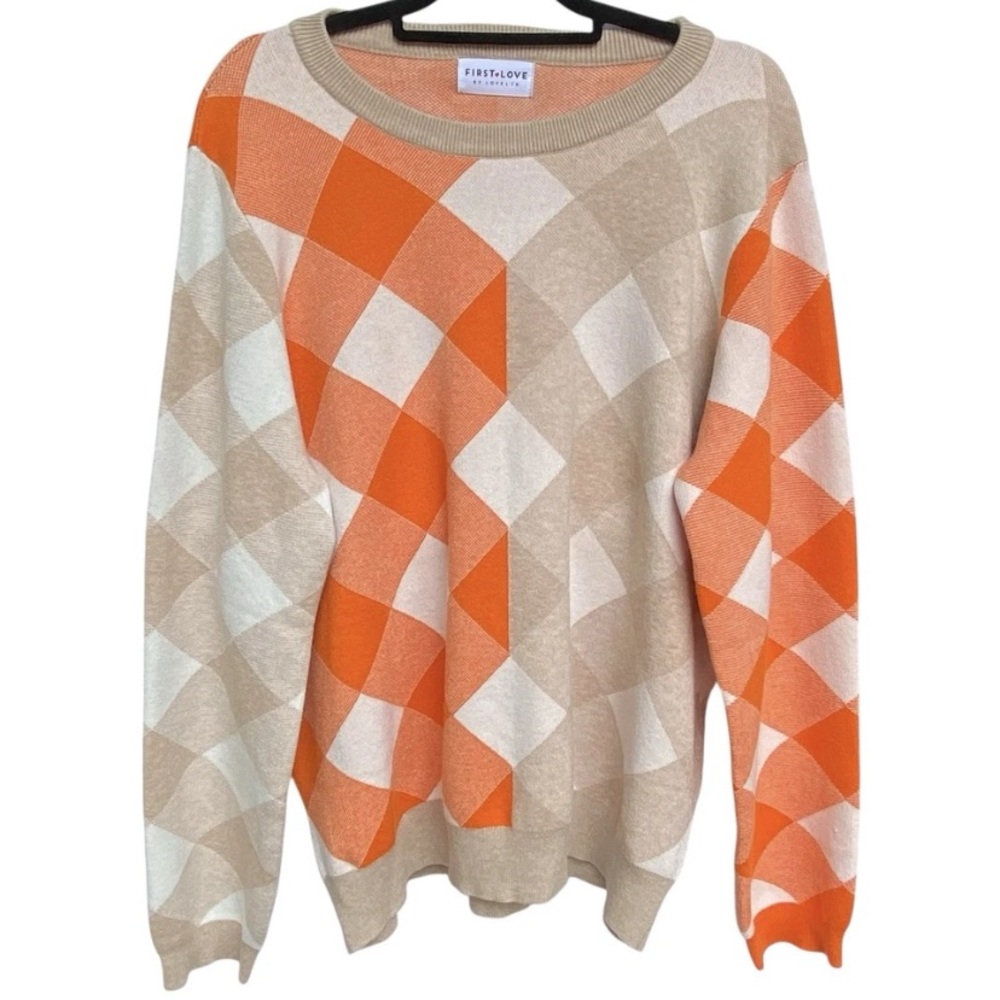 First Love by Lovelyn Orange Tan Plaid Sweater Womens Plus Size 2X New Fall